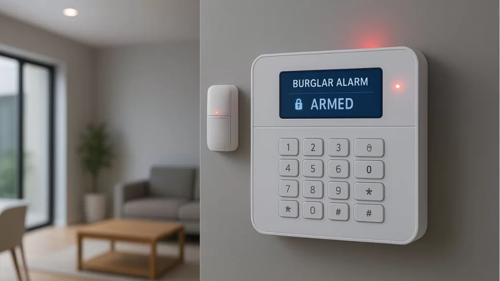 Burglar alarm system installed in a modern Indian home with motion sensors and control panel