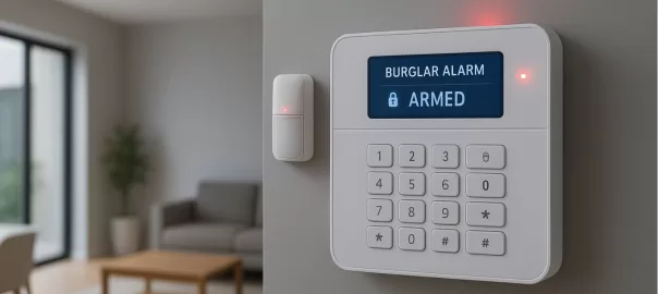 Burglar alarm system installed in a modern Indian home with motion sensors and control panel