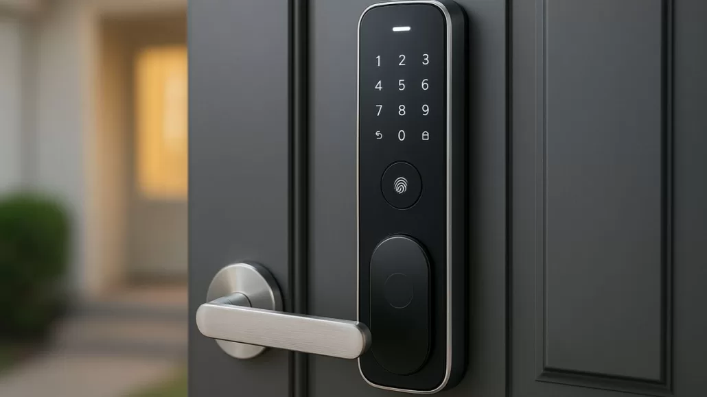 Modern smart lock installed on a wooden door featuring fingerprint scanner, digital keypad, and keyless entry system