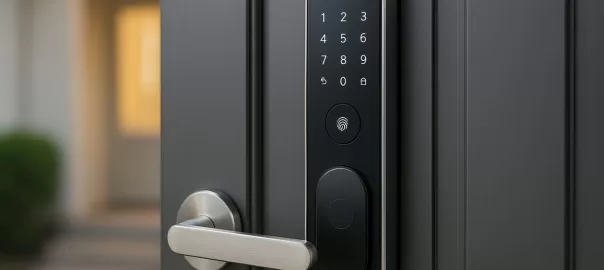 Modern smart lock installed on a wooden door featuring fingerprint scanner, digital keypad, and keyless entry system