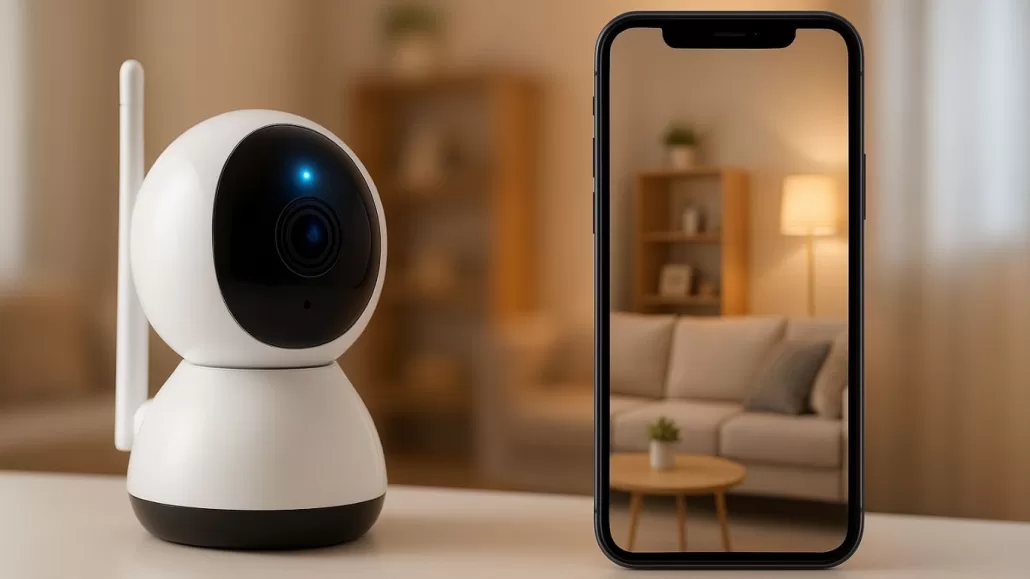 A sleek white and black Wi-Fi security camera placed on a table beside a smartphone showing a live video feed of a modern living room interior.