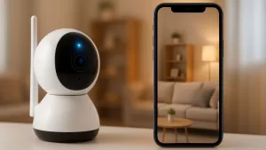 A sleek white and black Wi-Fi security camera placed on a table beside a smartphone showing a live video feed of a modern living room interior.