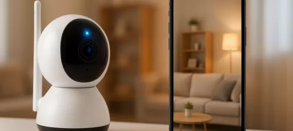 A sleek white and black Wi-Fi security camera placed on a table beside a smartphone showing a live video feed of a modern living room interior.